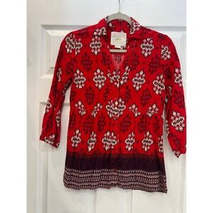Maeve Blouse Rayon Geometric Ikat Boho Red Multi 3/4 Sleeve Button Front Size 4